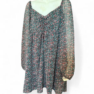 Fairy Core Green floral mini dress with long sleeves, sheer fabric